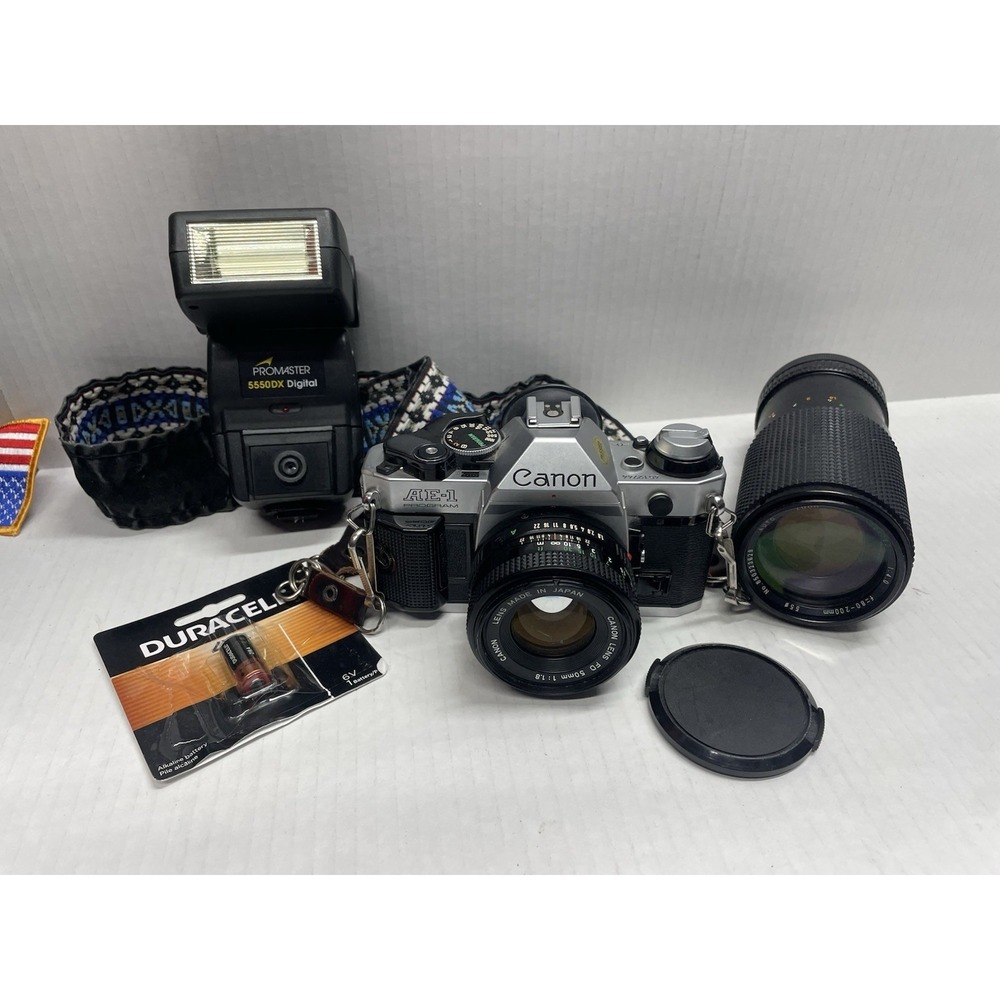 Canon AE-1 Program 35mm SLR Camera 50mm 1:1.8 Canon Lens 1:4.0 Lens Flash Works!